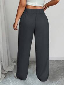 SHEIN PETITE CURVE 大尺碼女款極簡優雅鈕扣口袋設計長褲 - 深灰色 - 查看 2