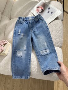 SHEIN 女童淺藍色寬腿牛仔褲，寬鬆直筒版型，做舊設計，可愛風格，適合秋季與嬰兒洗禮派對 - 中等水洗藍 - 查看 1