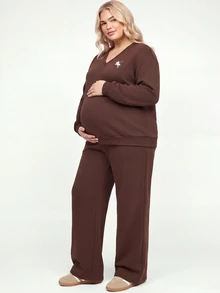Plussiva Plus Size Maternity Knight Print Long Sleeve Sweatshirt And Sweatpants Casual 2 Pieces Set - Brown - View 4