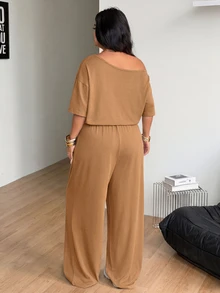 Coolane 女款大尺碼夏秋度假休閒露肩寬腿駱駝色工裝連身褲，萬聖節穿搭 - 駝色 - 查看 6