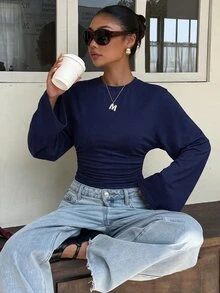 Muchica 女款圓領純色抓皺腰褶皺蝙蝠袖時尚百搭休閒T恤 - 藏蓝色 - 查看 3