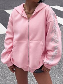 Muchica 女款純色拉鍊前襟字母印花雙口袋休閒寬鬆長袖運動衫 - 粉色 - 查看 4