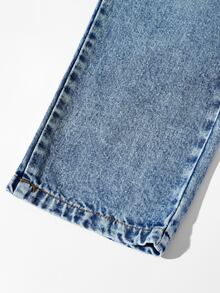 Tween Girl Y2K Vintage Washed High Waist Cat Whisker Loose Wide Leg Denim Jeans, Autumn/Winter Back To School Street Style - Medium Wash - View 5