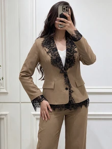 Modelyn Women's Elegant Black Lace Contrast Design Structured Tailored Blazer And Wide Leg Pants Suit Set, Soft Yet Powerful, Plus Size, For Daily Commute And Date - Champagne - View 4