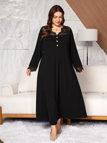 Lacomfia 秋冬針織黑色拼接睫毛蕾絲休閒寬鬆極簡風長洋裝，女款大尺碼 - 黑色 - 查看 6