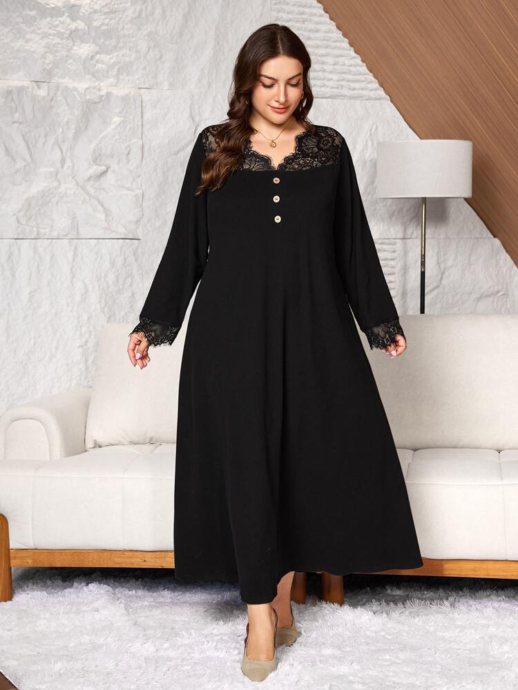 Lacomfia Autumn/Winter Knit Black Patchwork Eyelash Lace Casual Loose Minimalist Long Dress For Women Plus Size - Black - View 6
