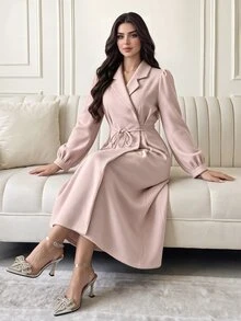 Feyla Women's Sweet Lapel Long Sleeve Dress For Vacation And Dating - Pink - View 3