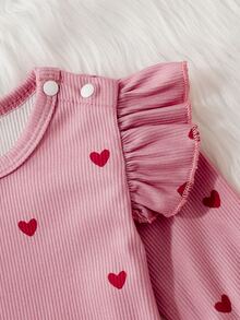 SHEIN Playful Pals 女嬰羅紋愛心印花荷葉袖連身衣附髮帶 - 藕粉色 - 查看 4