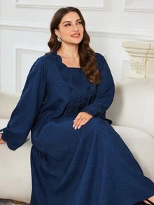 Al Najma Embossed Woven Long Sleeve Maxi Navy Blue Loose Fit Casual Versatile Minimalist Style Plus Size Women's Arabian Dress - Navy Blue - View 1