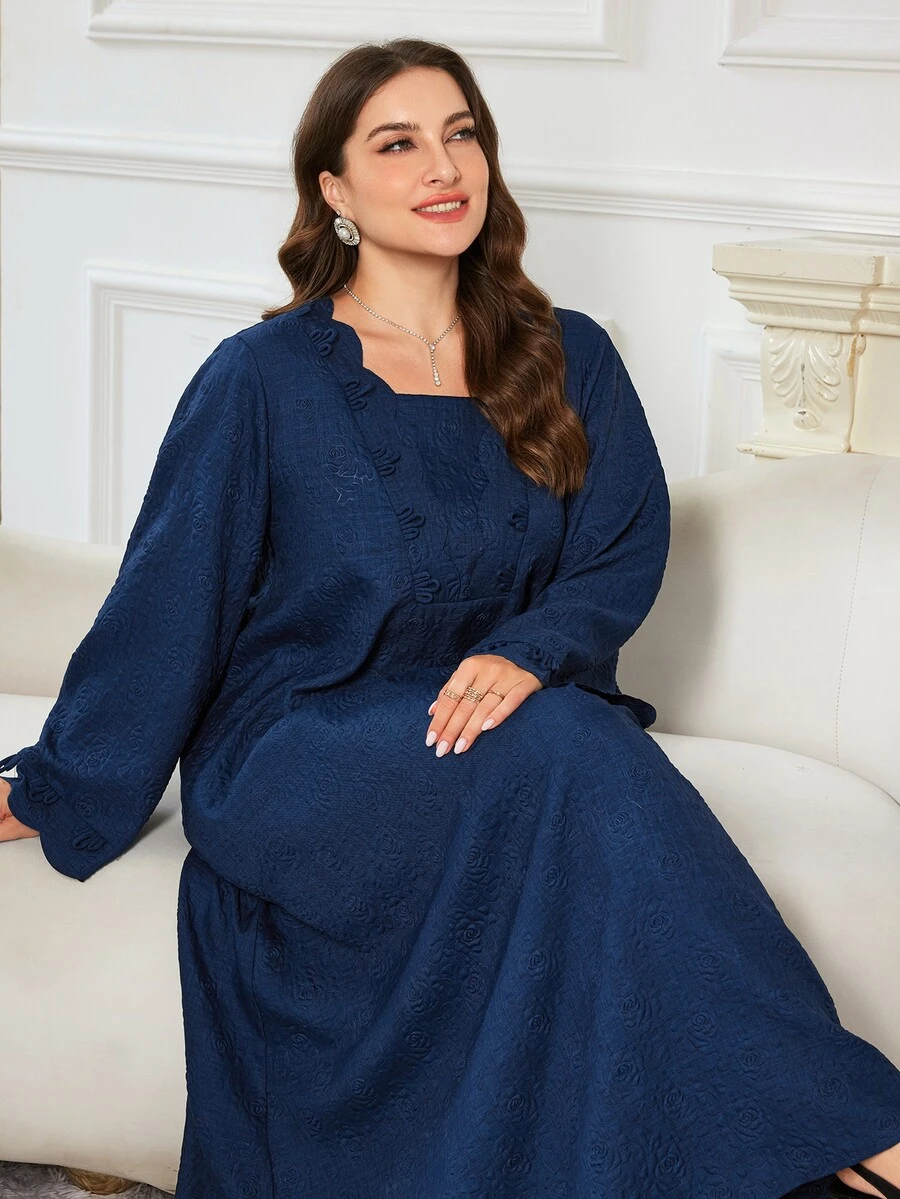 Al Najma Embossed Woven Long Sleeve Maxi Navy Blue Loose Fit Casual Versatile Minimalist Style Plus Size Women's Arabian Dress - Navy Blue - View 1