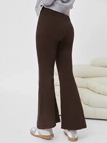 SHEIN EZwear 女款休閒極簡純色高腰喇叭褲 - 棕色 - 查看 2
