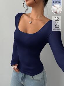 SHEIN BASICS 女款純色方領長袖修身簡約百搭 T-shirt，日常穿搭，海軍藍，秋冬保暖 - 藍色 - 查看 9