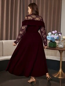 Modelyn 女款蕾絲拼接收腰A字優雅浪漫派對大尺碼洋裝 - 酒紅色 - 查看 2