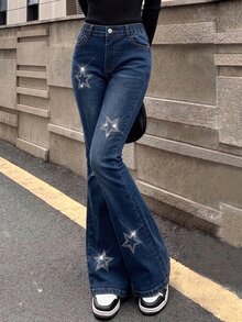 SHEIN Girls Y2K Style Elastic Flare Jeans, Vintage Blue Washed Denim With Elastic Waistband, Star Rhinestone Design, Fashionable Versatile For All Seasons - Dark Wash - View 9
