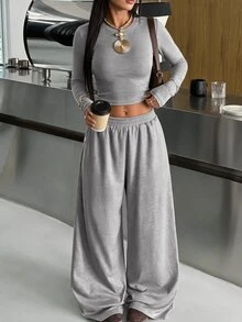 SHEIN EZwear 女款圓領長袖灰色針織休閒運動套裝 - 灰色 - 查看 9