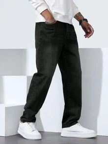 Manfinity Homme Men's Plus Size Washed Black Denim Straight Leg Jeans - Black - View 6