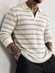 TONEVAULT Men's Long Sleeve Polo Collar T-Shirt, Knitted Fabric - Apricot - View 1