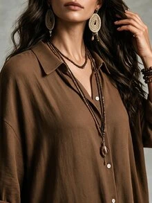EMERY ROSE Camisa larga de talla grande con botones delanteros de unicolor para otoño - Café integral - Ver 3