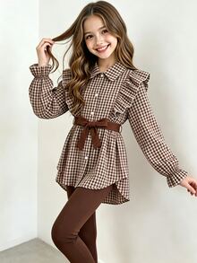 SHEIN Vintaside Kids 女童格紋梭織布長袖襯衫洋裝，附荷葉邊飾邊、腰帶與內搭褲套裝 - 棕色 - 查看 5