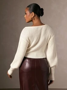 Hauture Women's Elegant Autumn/Winter V-Neck Lantern Sleeve Ribbed Sexy Casual Sweater Top, Perfect For Chic Office Wear, Going Out, Concerts, Dinners - Apricot - View 5