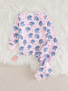 SHEIN 女童舒適時尚卡通圖案長袖長褲兩件套家居服修身款 - 杏色 - 查看 3