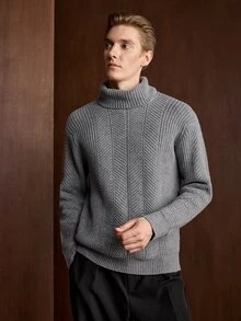 Manfinity CityGents 男士高領懶人長袖套頭毛衣，休閒針織秋冬服飾，灰色寬鬆時尚百搭人字紋長袖套頭毛衣 - 灰色 - 查看 4