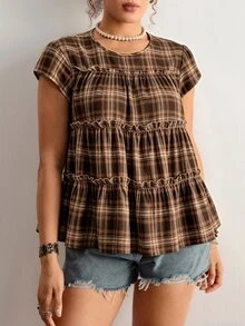 Freevana Women's Plus-Size Short-Sleeve Brown Plaid Shirt, Loose-Fitting Top With Ruffles; Elegant For Casual Outings, Boho, Suitable For Autumn And Winter - Multicolor - View 6