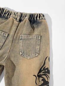 SHEIN Genkimix Kids 少女 Y2K 牛仔時尚休閒舒適街頭風復古印花懷舊水洗寬腿牛仔褲，女款寬鬆牛仔褲，秋季穿搭 - 中等水洗藍 - 查看 7