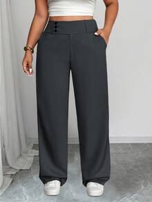 SHEIN PETITE CURVE 大尺碼女款極簡優雅鈕扣口袋設計長褲 - 深灰色 - 查看 7