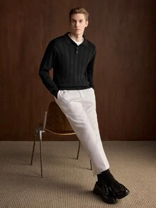 Manfinity CityGents 歐美新博主風時尚設計成熟休閒男士 Polo 領套頭針織毛衣，深黑色針織上衣，適合辦公工作，秋季穿著 - 黑色 - 查看 4
