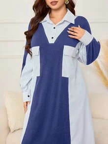 Lacomfia Plus Size Women's Patchwork Striped Utility Pocket Casual Loose Shirt Dress - Blue - View 7