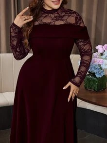 Modelyn 女款蕾絲拼接收腰A字優雅浪漫派對大尺碼洋裝 - 酒紅色 - 查看 4