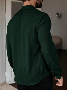 Manfinity Homme 男士休閒拼接丹寧口袋商務襯衫 - 墨綠色 - 查看 2