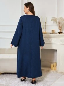 Al Najma Embossed Woven Long Sleeve Maxi Navy Blue Loose Fit Casual Versatile Minimalist Style Plus Size Women's Arabian Dress - Navy Blue - View 2