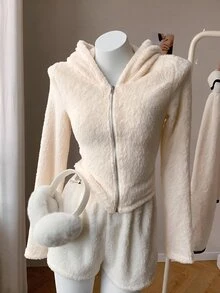 SHEIN EZwear جاكيت نسائي مبطن بالصوف مع بطانية رأس وسحاب - لون مشمشي - مشاهدة 7