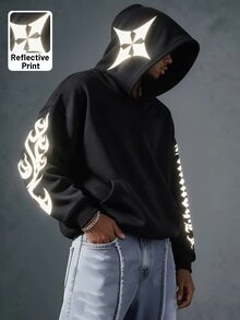 Manfinity EMRG Reflective Graphic Black Polyester Hoodie With Long Sleeves For Fall And Winter Streetwear - Black - View 2