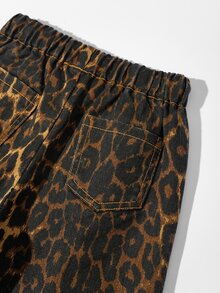 Young Girl Leopard Print Drawstring Waist Wide Leg Jeans - Brown - View 7