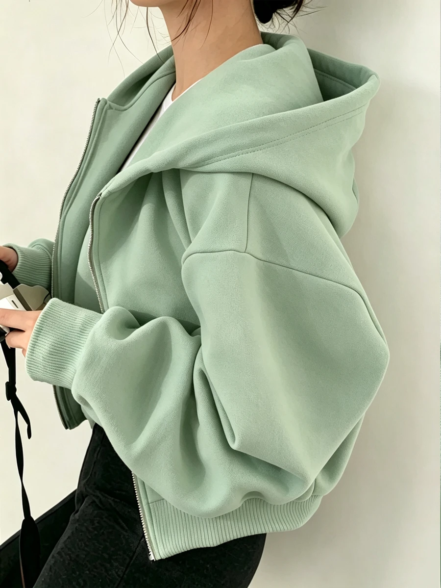 SHEIN 青少年女孩灰色拉鍊前開肩落肩長袖寬鬆休閒可愛連帽衛衣外套,保暖內裡,基礎款,秋冬返校 Y2K 風格 - 薄荷綠 - 查看 1