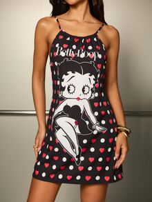 Betty Boop x SHEIN 女款短版細肩帶卡通印花洋裝 - 黑色 - 查看 4