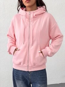 SHEIN EZwear 女款前拉鍊長袖口袋連帽衫 - 粉色 - 查看 4