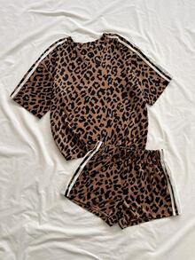 Soleia Women's Round Neck Short Sleeve Leopard Print Top And Shorts 2 Pieces Set - Multicolor - View 4