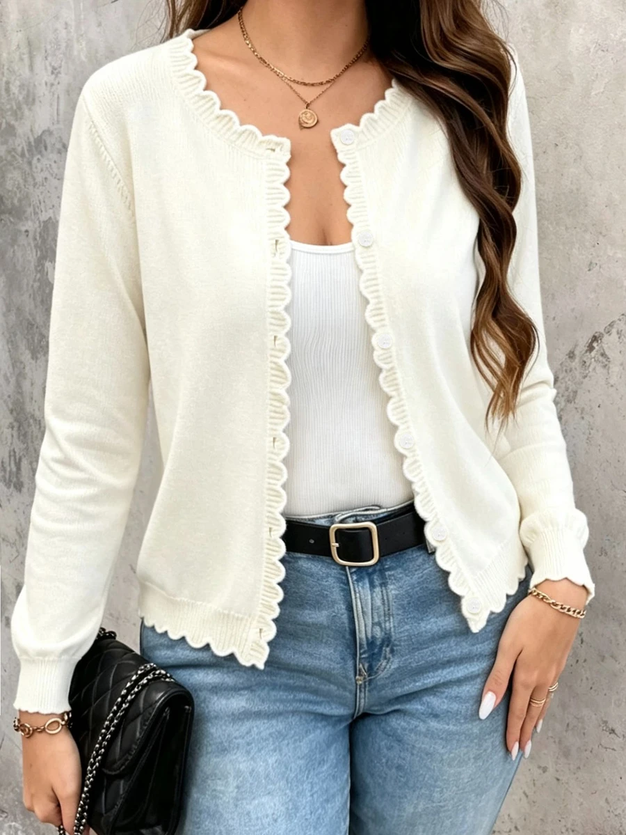 SHEIN LUNE CURVE Plus Size Women's French Romantic Elegant Contrast Color Ruffle Trim Thin Cardigan Casual Minimalist Knit Sweater Office Formal White Autumn - Apricot - View 1
