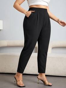 Shapeblank Plus Size Women Solid Color Casual Versatile Everyday Travel Long Pants - Black - View 6