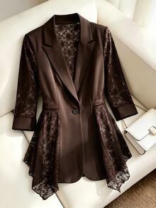 Lacomfia Plus Size Women's Lace Patchwork Casual Elegant Commute Travel Office Party Blazer Brown Summer - Coffee Brown - View 3