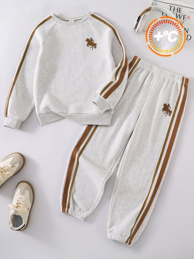 SHEIN 2pcs Kids Tween Boy Autumn/Winter Casual Colorblock Webbing Knit Crew Neck Long Sleeve Pullover Sweatshirt & Pants Set, Boys Sweatshirt Set, Sports Outfit - Multicolor - View 3