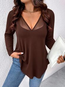 EMERY ROSE Women's Elegant Sexy Slimming Fitted Casual Minimalist Commute Versatile Mesh Patchwork V-Neck Design Long Sleeve T-Shirt - Brown - View 5