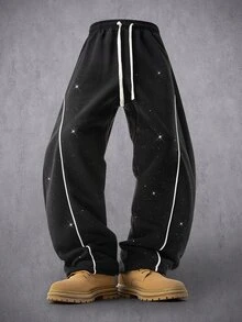 Manfinity Denimwave Men's Drawstring Elastic Waist American Street Style Star Print Casual Wide Leg Long Pants - Black - View 3