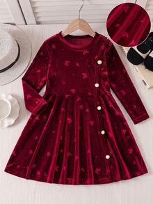 Young Girl Autumn Winter Elegant Burgundy Velvet Butterfly Print Pearl Button Flare Dress,Christmas Party Dress,Robe Automne Hiver - Burgundy - View 3