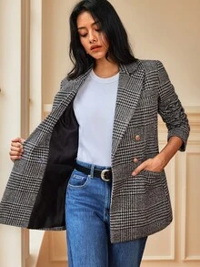 Écloséra Vintage Houndstooth Waist-Cinching Double-Breasted Gold Button Slim Fit Mid-Length Tweed Plaid Blazer Jacket For Women, Autumn/Winter, Elegant Commuter Style - Multicolor - View 2