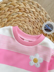 SHEIN Playful Pals 女嬰 T 恤套裝 2 件組 牛仔休閒套頭條紋印花長袖戶外穿搭套裝 卡其色與灰色配色 - 粉色 - 查看 5